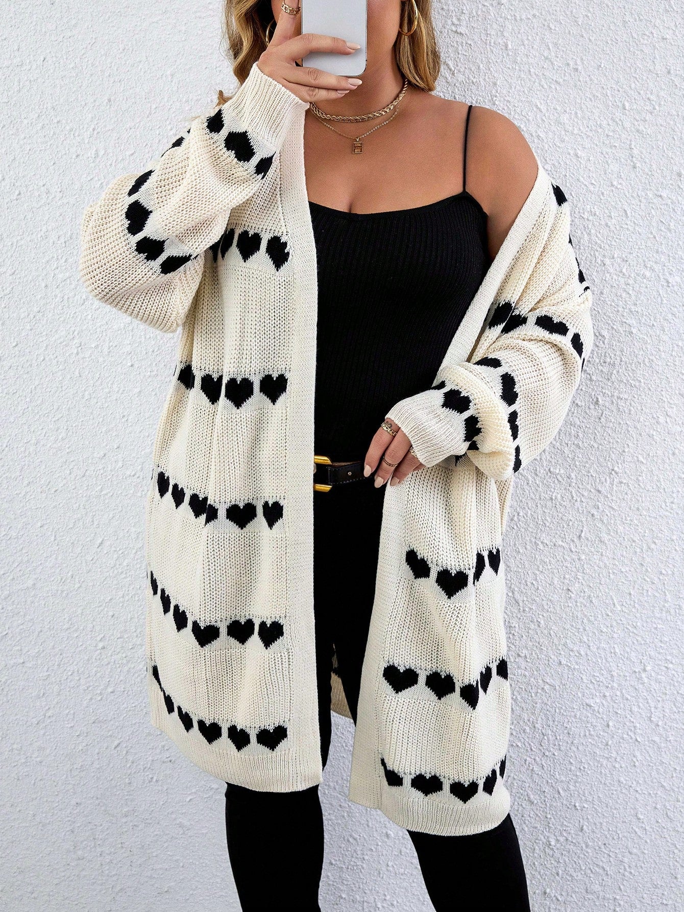 Plus Heart Pattern Drop Shoulder Duster Cardigan