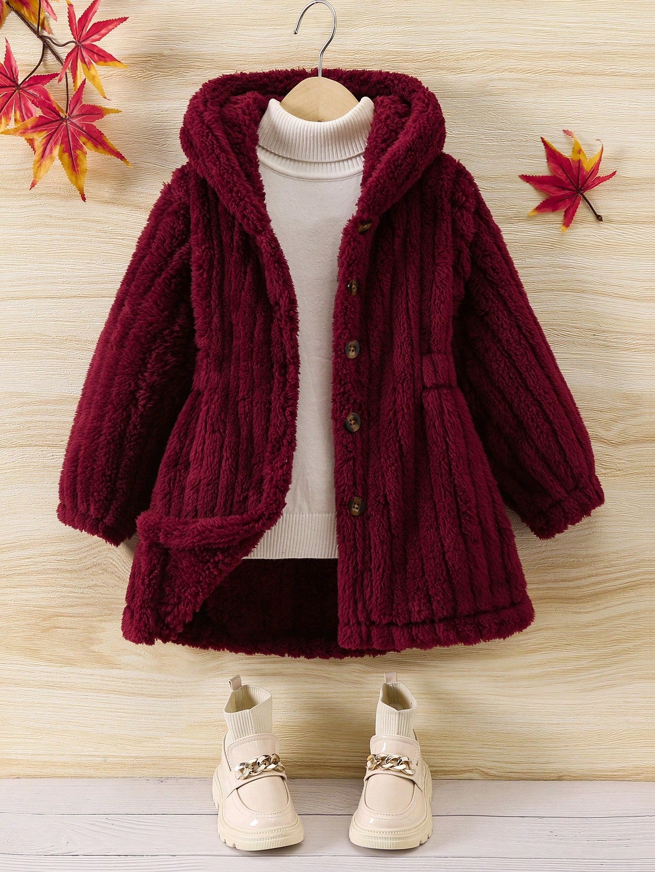 Young Girl 1pc Plush Warm Classic Street Style Hooded Long Sleeve Coat, Versatile