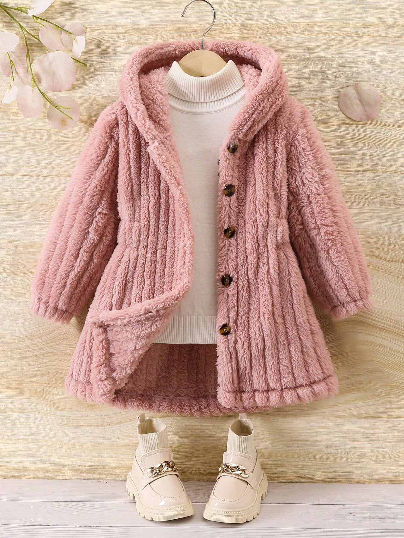 Young Girl 1pc Plush Warm Classic Street Style Hooded Long Sleeve Coat, Versatile