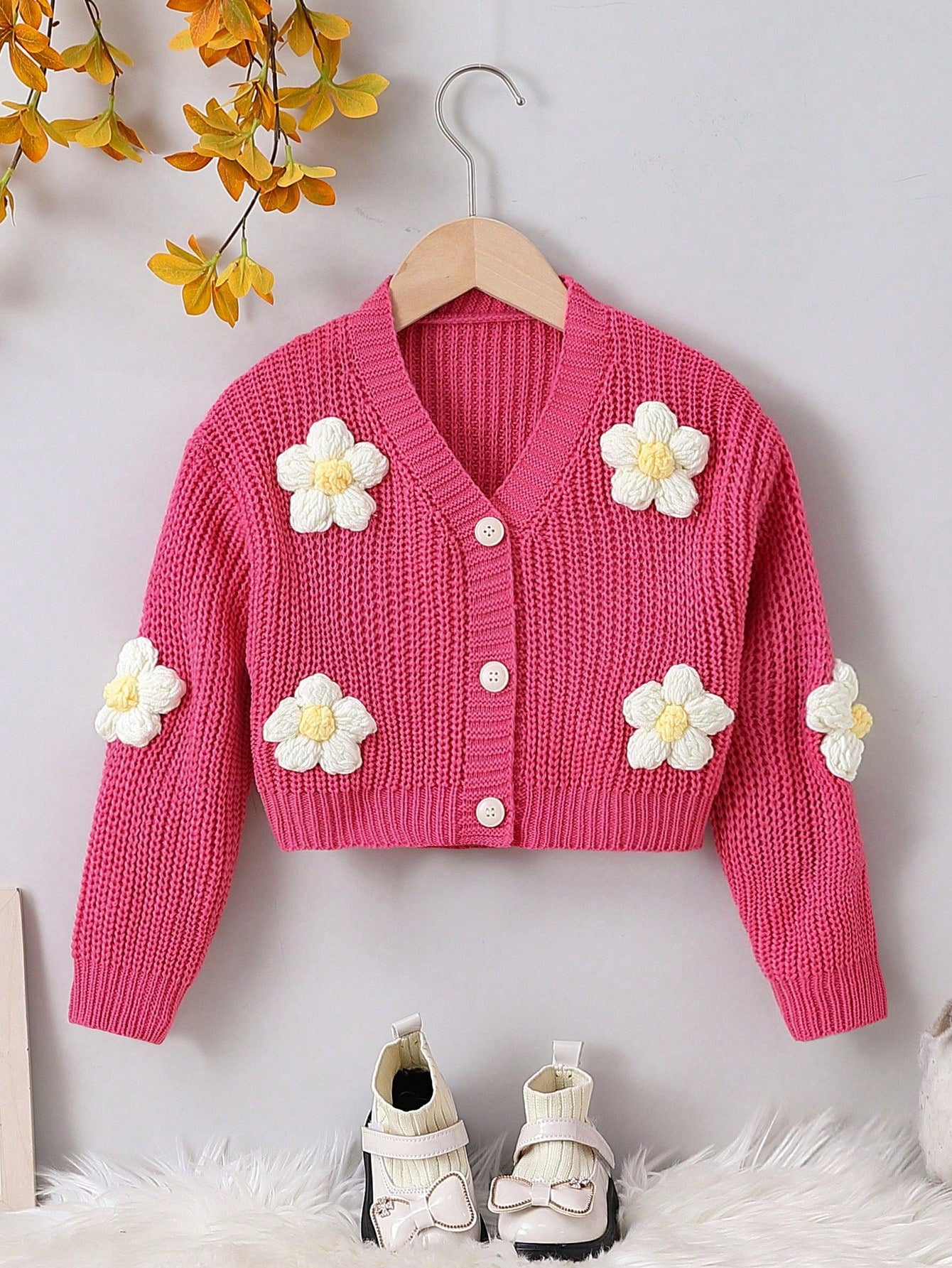 Young Girl 3D Flower Button Up Ribbed Knit Cardigan For Spring And Autumn