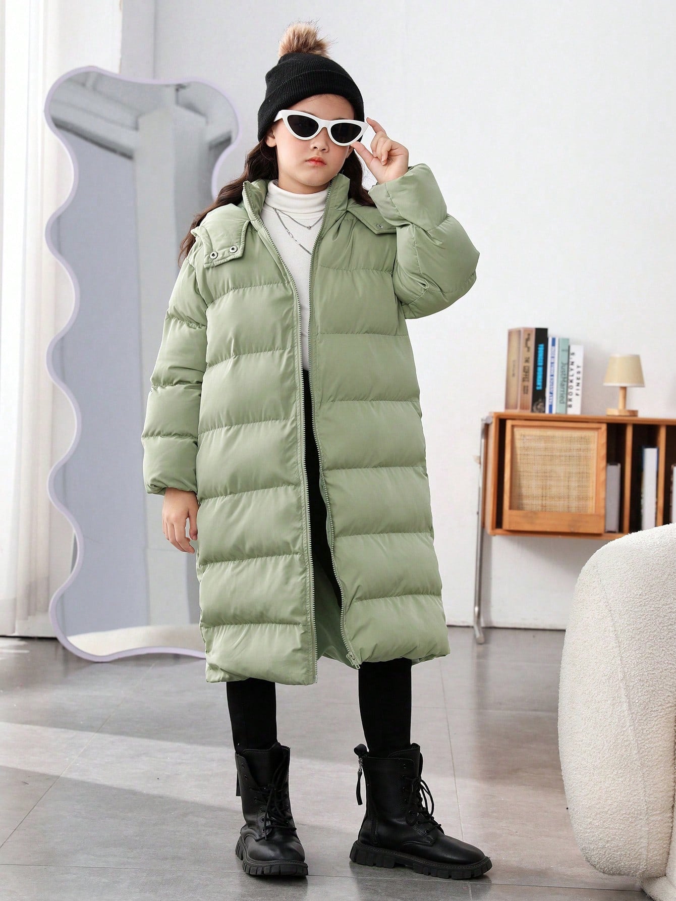 Tween Girls' Woven Solid Color Hoodied Loose Fit Long Casual Winter Coat