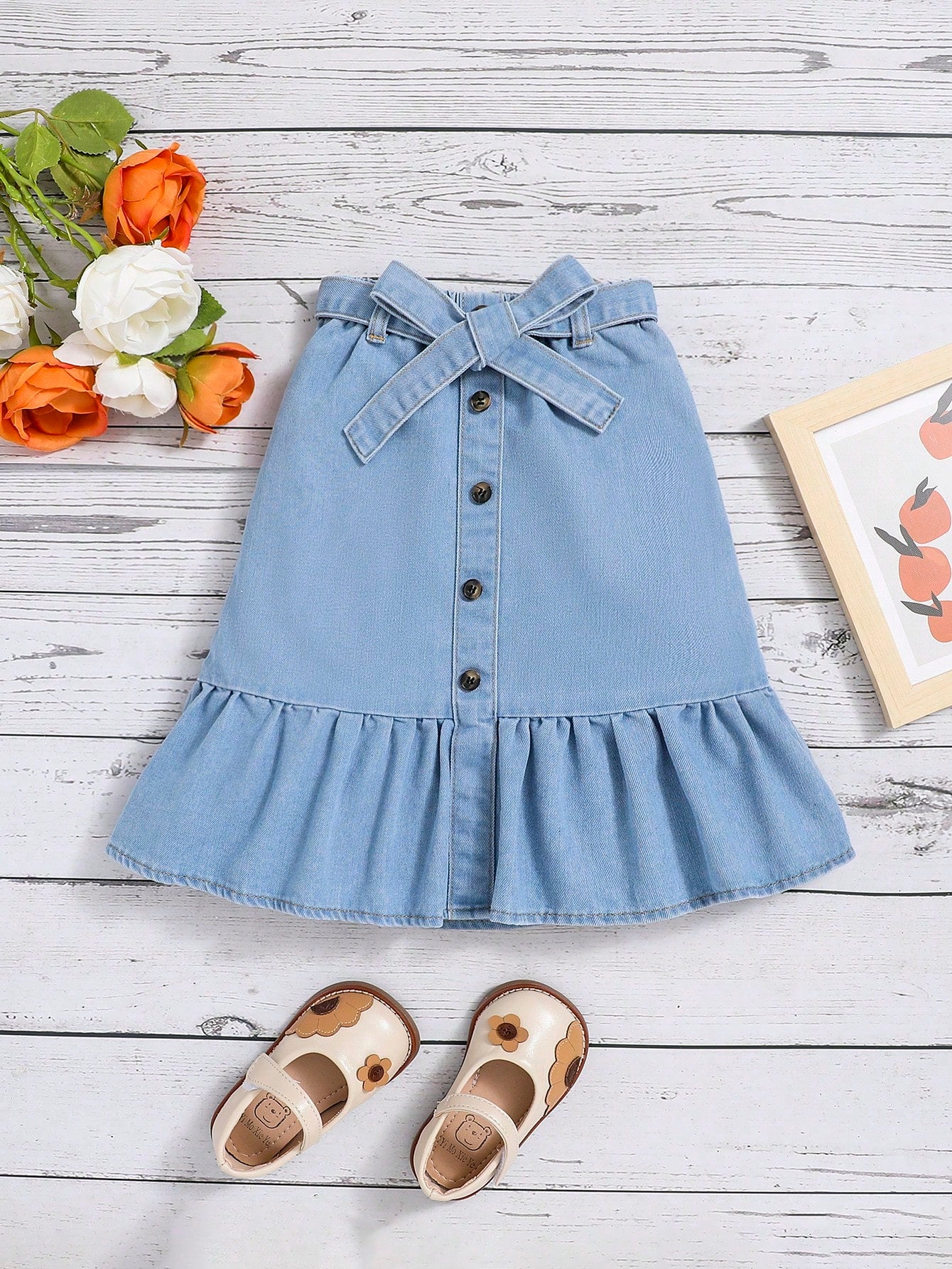 Young Girl Ruffle Hem Belted Button Front Denim Skirt