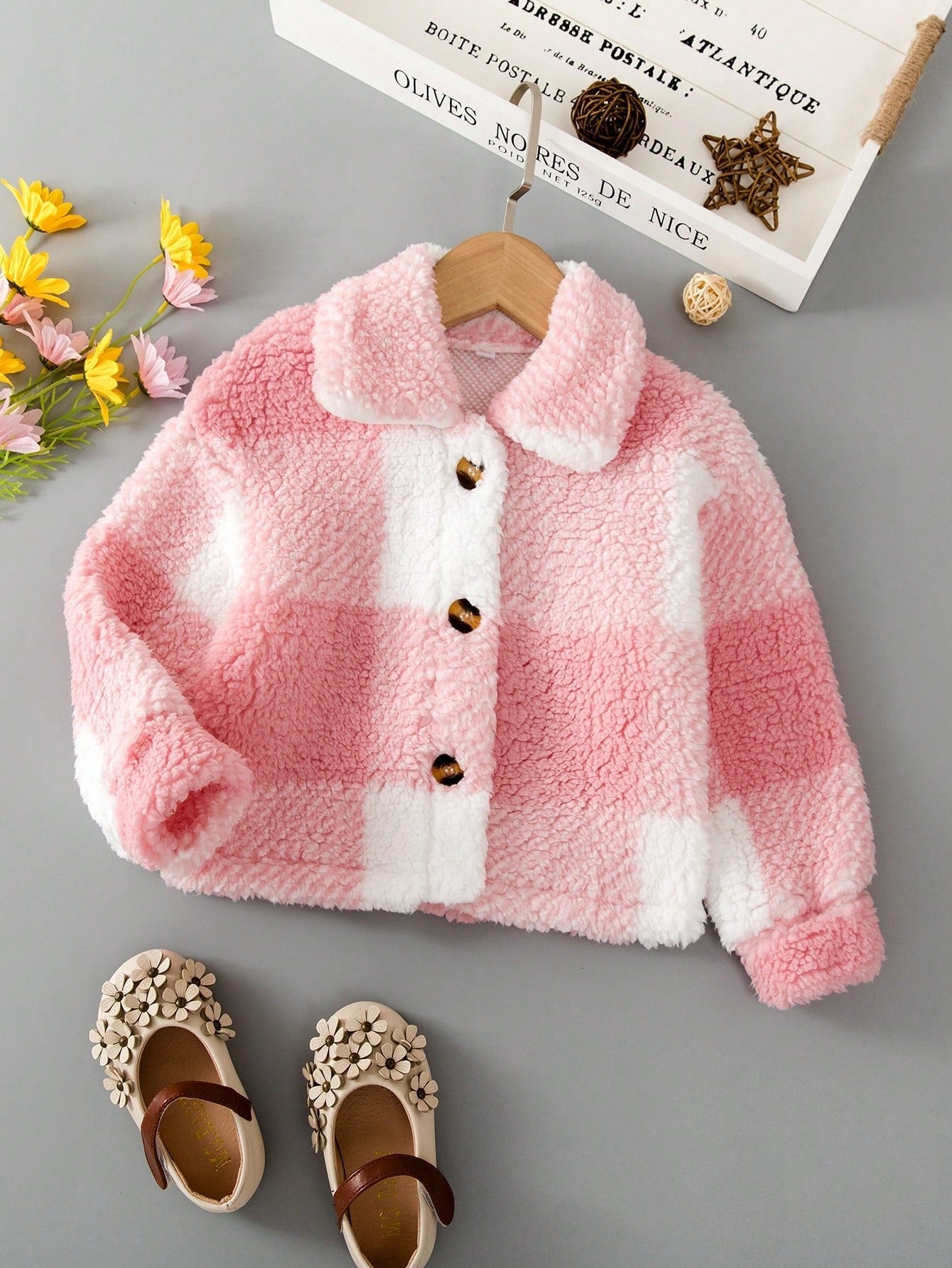 Young Girl Buffalo Plaid Print Drop Shoulder Teddy Jacket