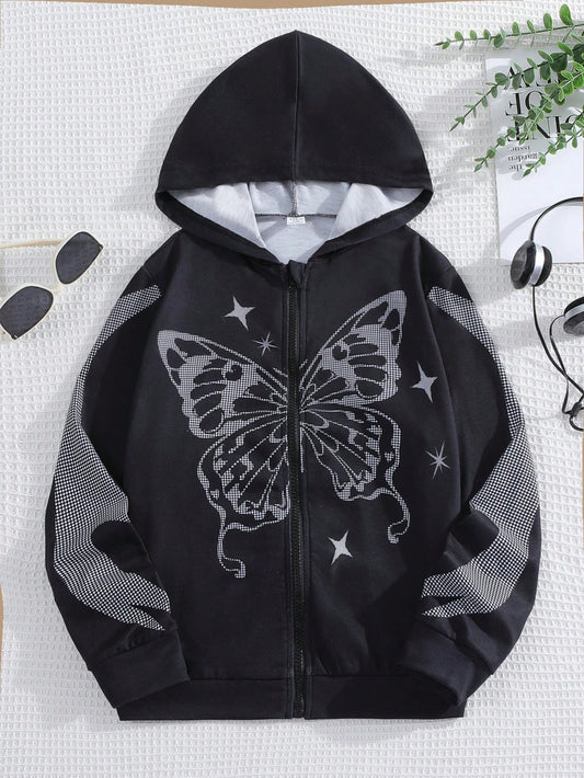 Tween Girl Butterfly Print Zip Up Hooded Sweatshirt