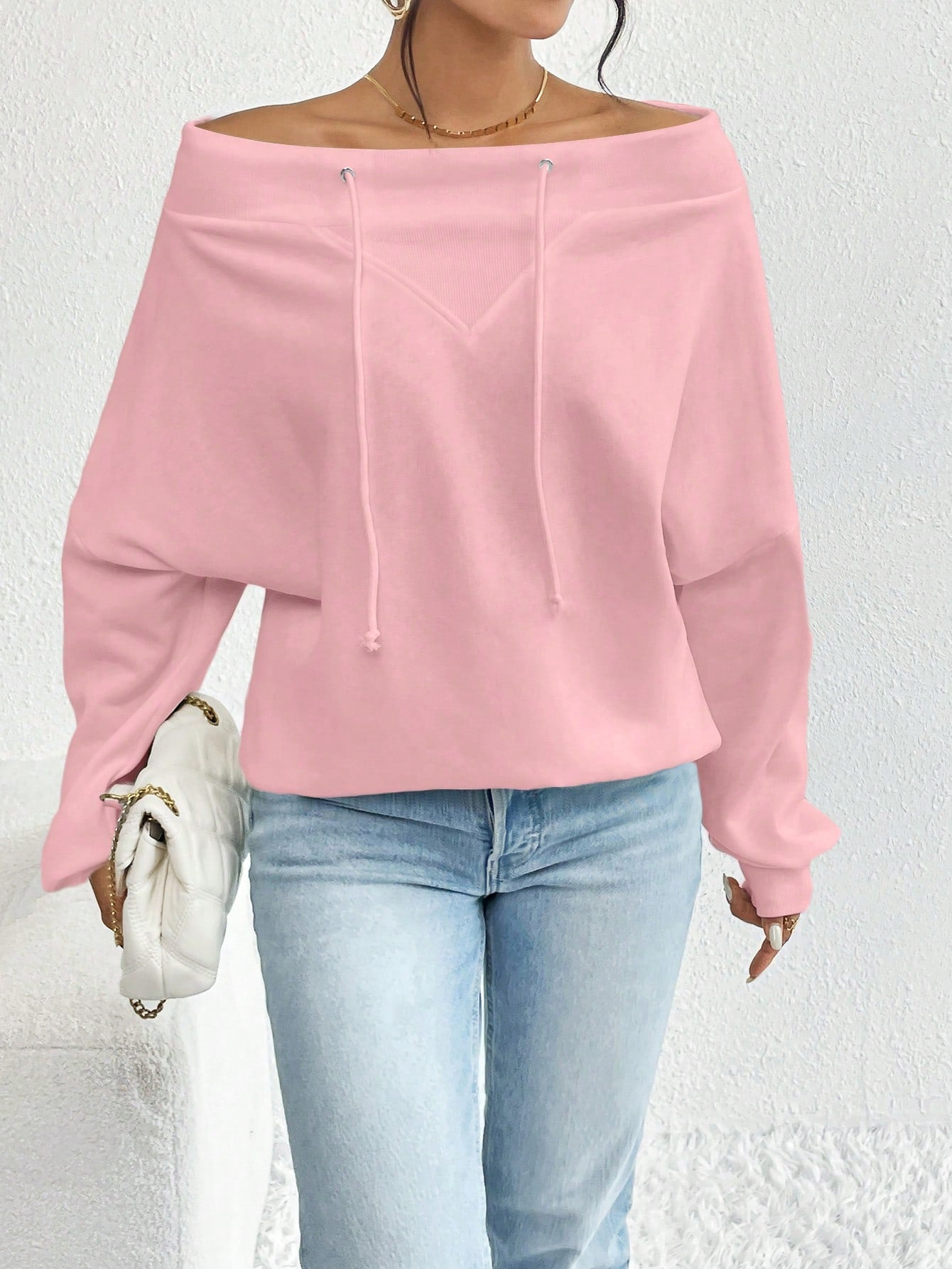 Off Shoulder Batwing Sleeve Drawstring Sweatshirt