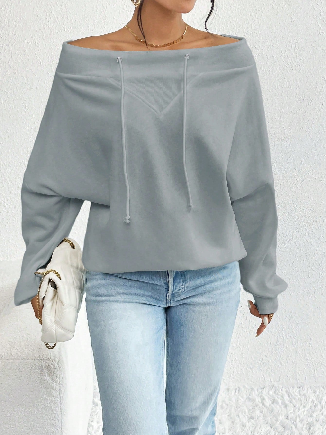 Off Shoulder Batwing Sleeve Drawstring Sweatshirt