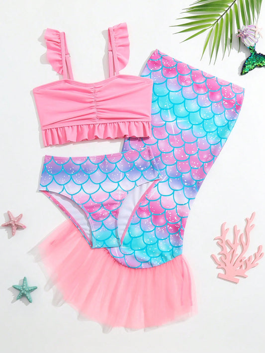 Young Girl Fish Scales Print Ruffle Trim Bikini Set With Beach Skirt Summer Beach