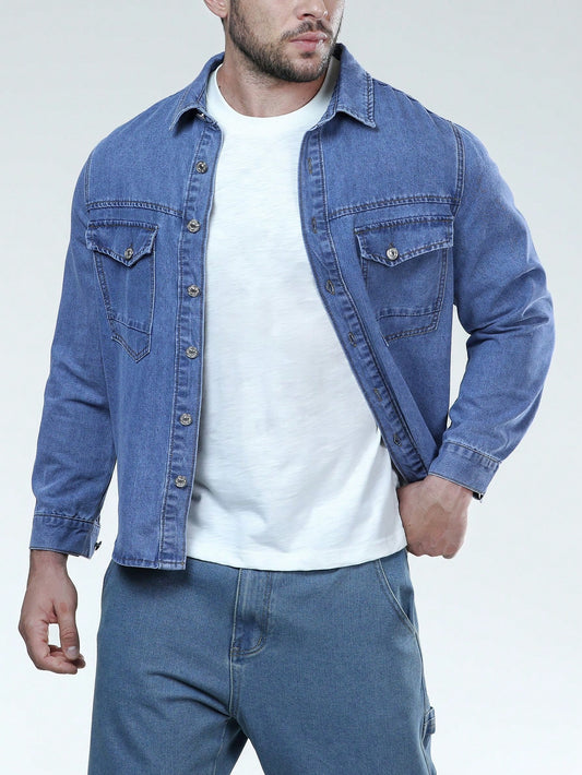 Men Plus Flap Pocket Denim Shirt