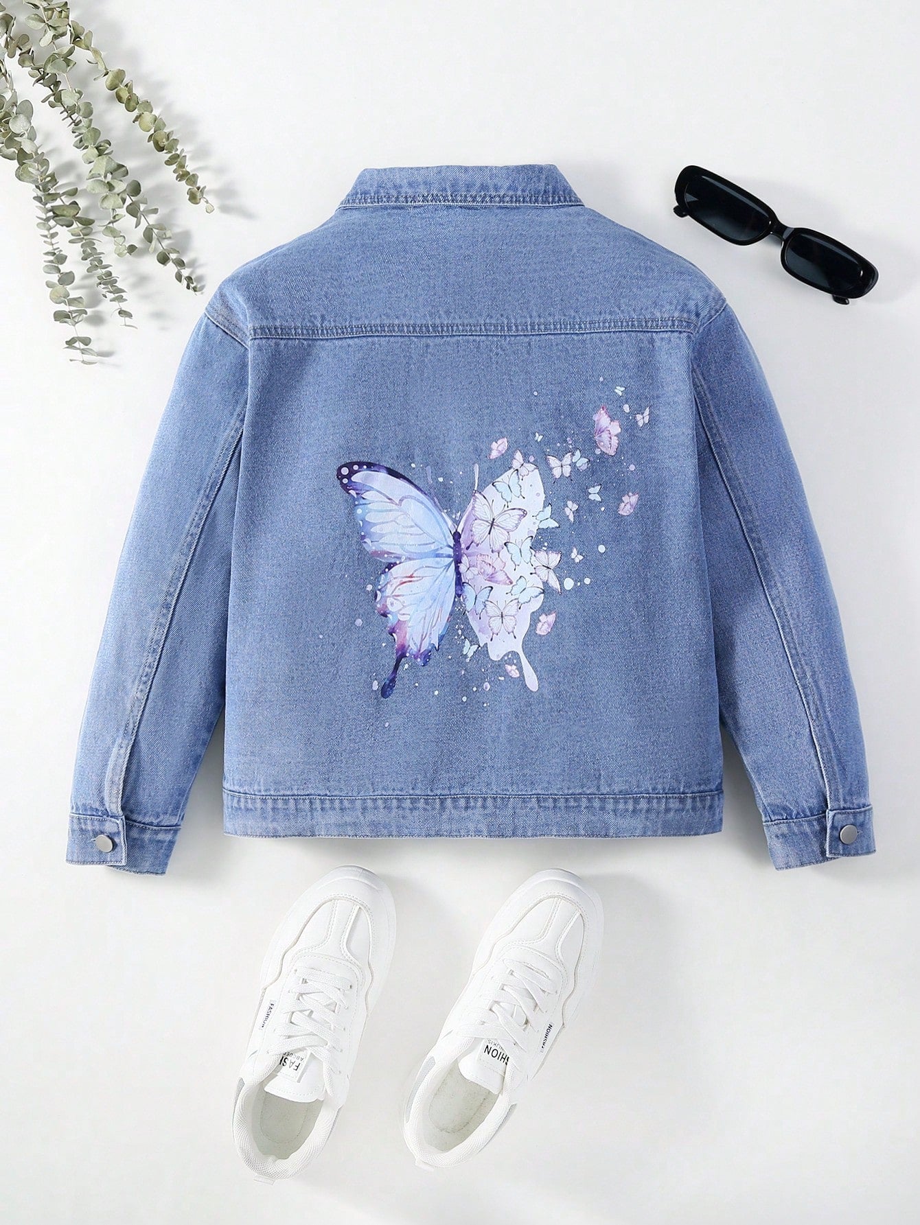 Tween Girl Butterfly Print Denim Jacket