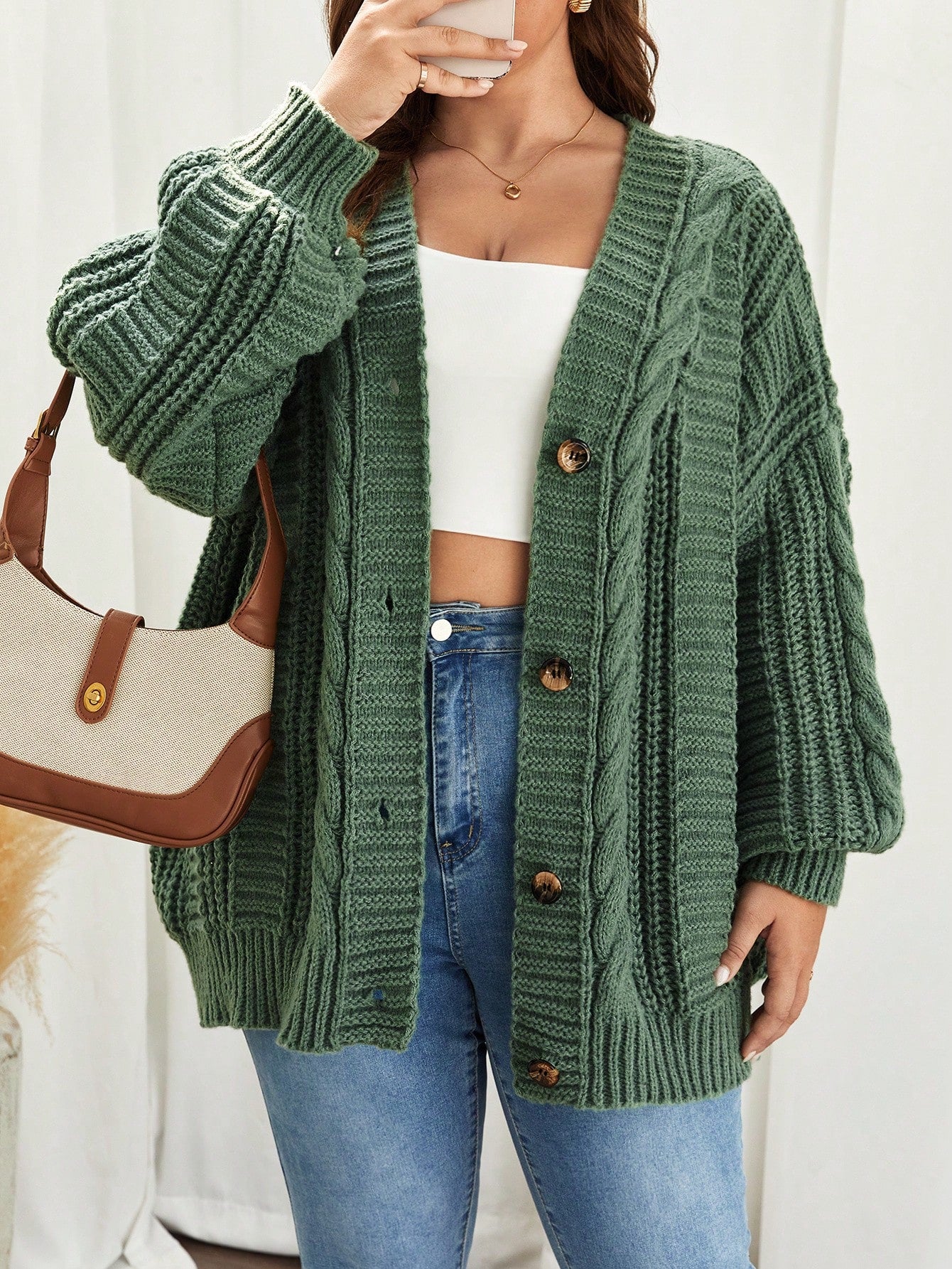 Frenchy Plus Cable Knit Drop Shoulder Cardigan