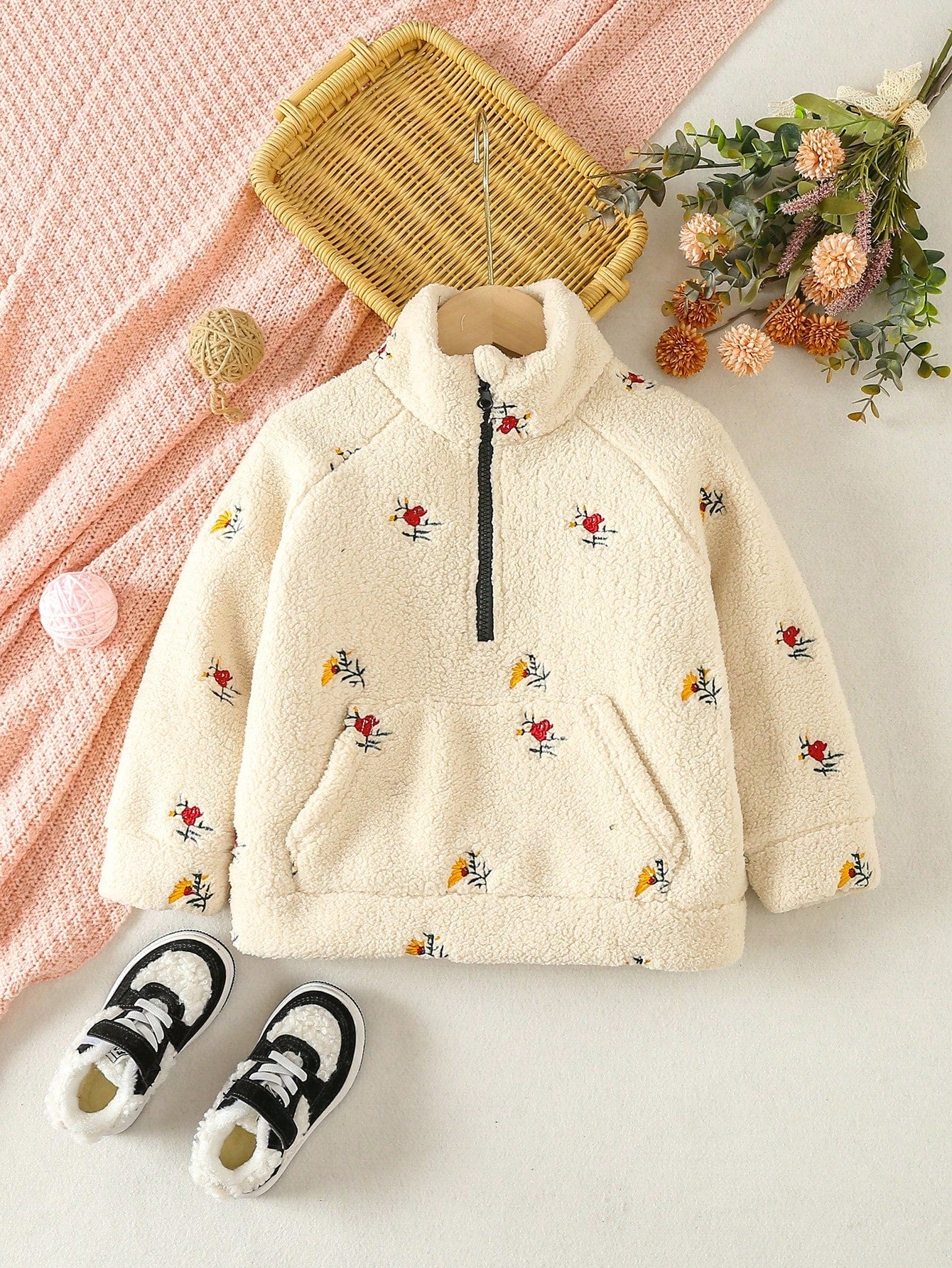 Young Girl Floral Embroidery Raglan Sleeve Half Zip Teddy Sweatshirt