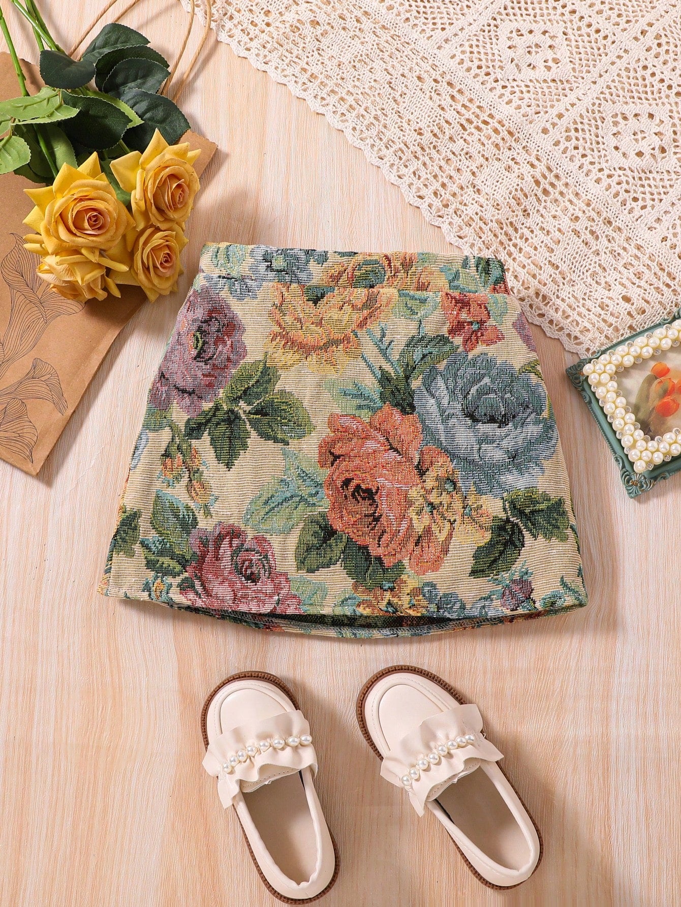 Young Girl Floral Jacquard Floral Print Skirt