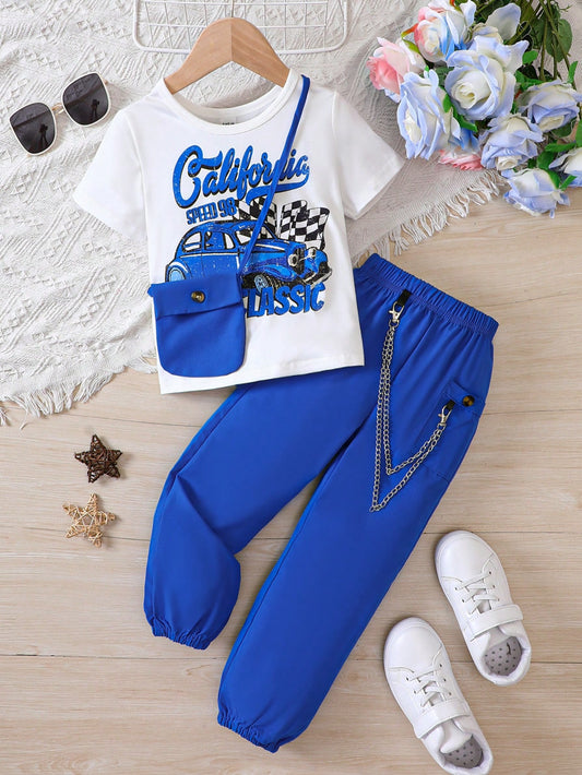 Young Girl Car & Letter Graphic Tee & Pants & Bag