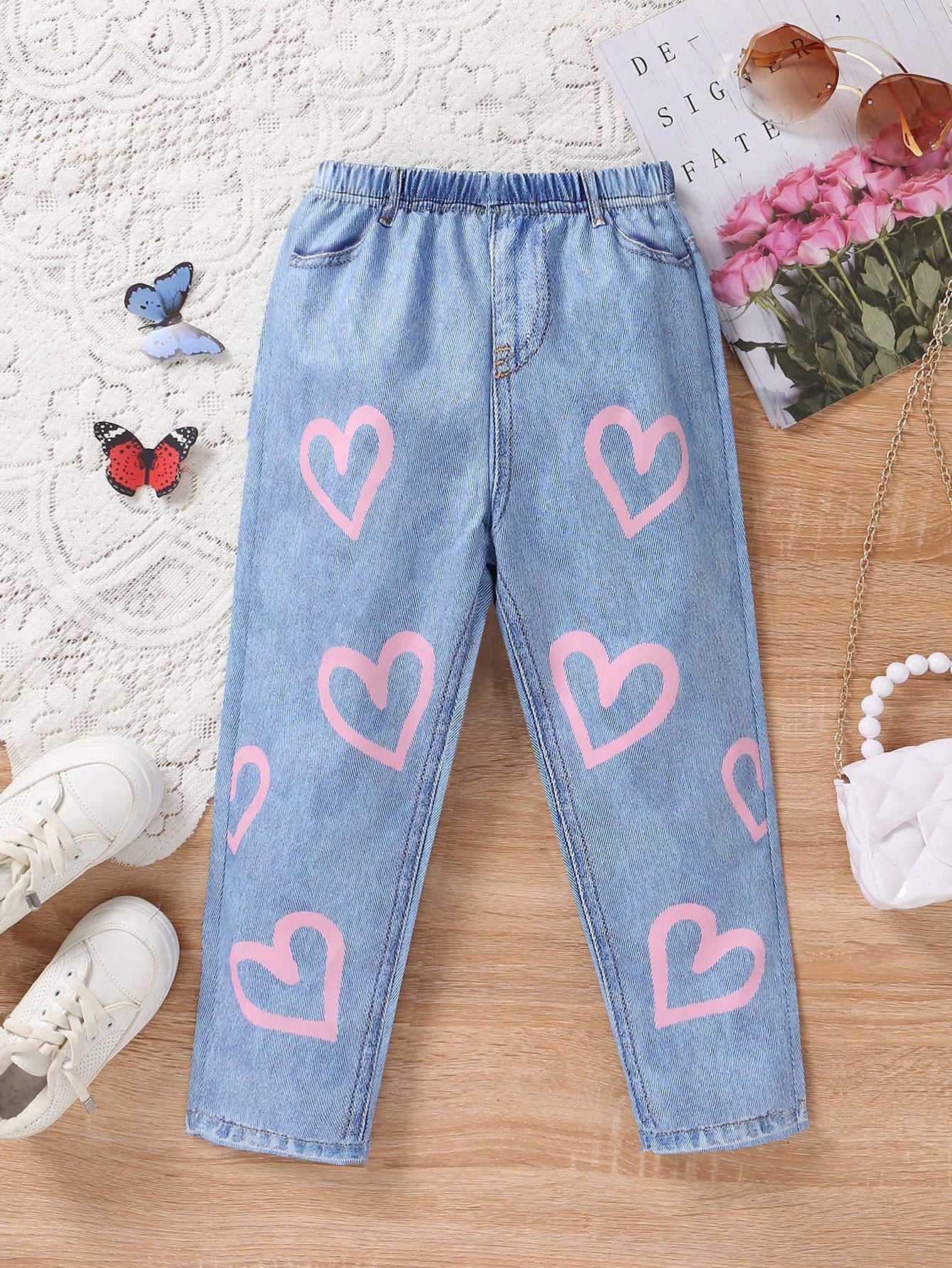 Young Girl Casual Mid Waist Elastic Waist Denim Effect Pink Heart Pattern Pants, Suitable For Daily Wear In Spring And Autumn