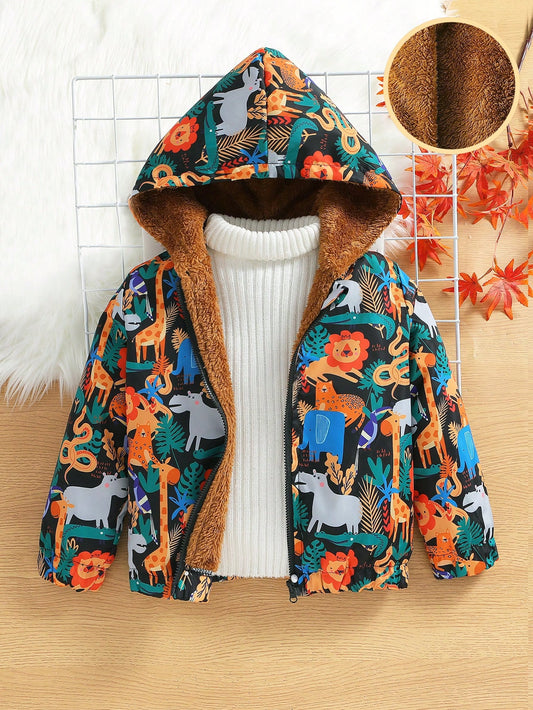 Young Boy Cartoon Graphic Teddy Lined Hooded Jacket Without Sweater