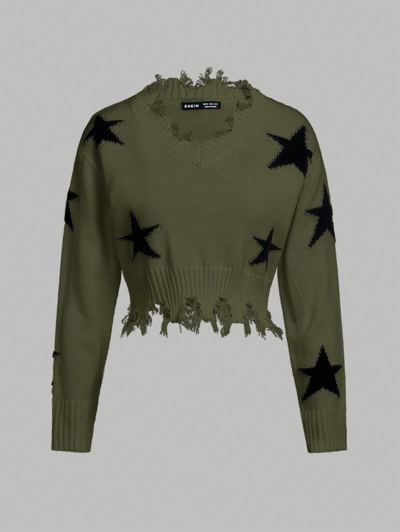 Teen Girl Long Sleeve V-neck Star Jacquard Pullover Sweater