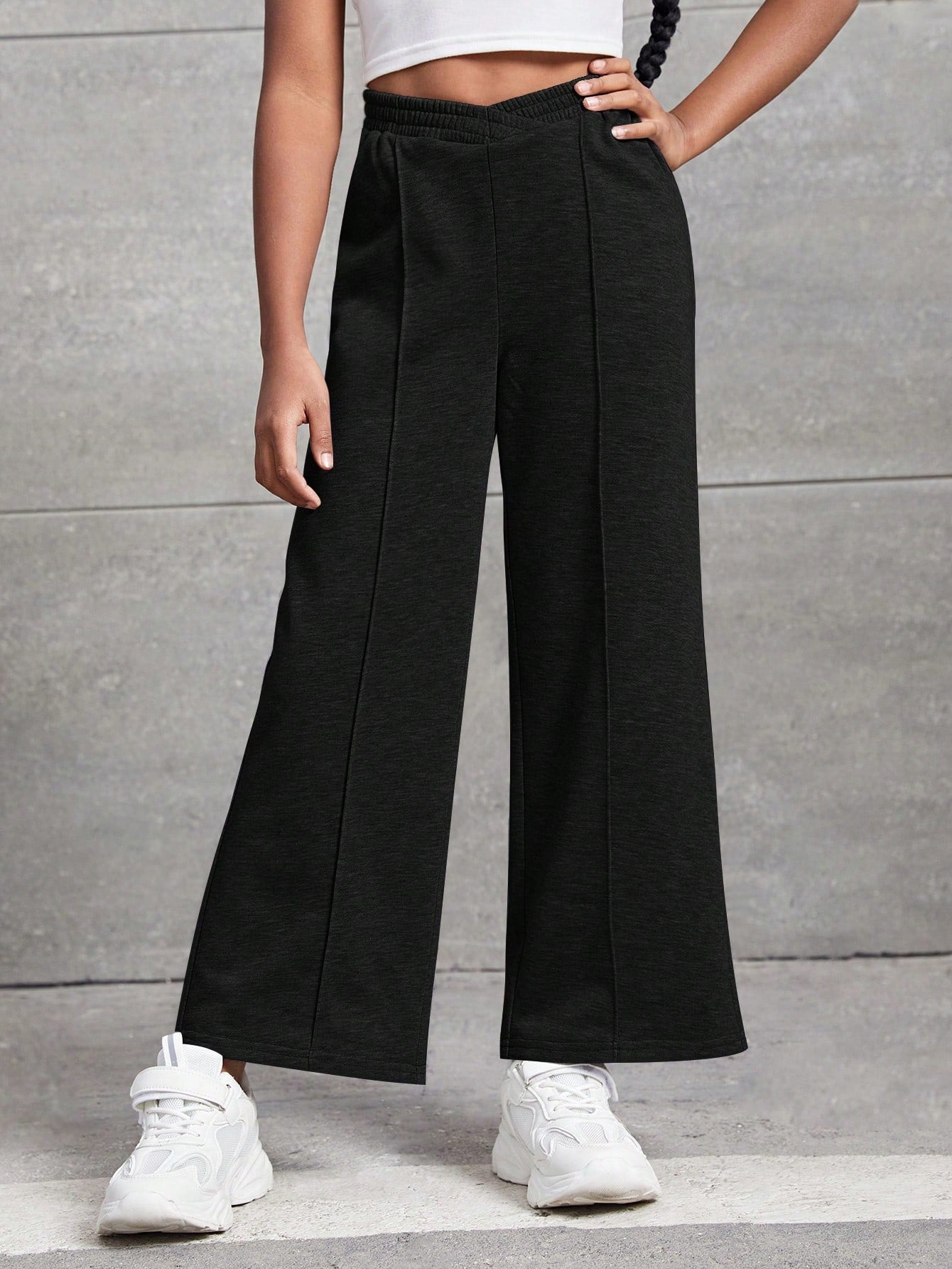 Tween Girl Stylish Solid Color Knitted Wide Leg Sports Pants