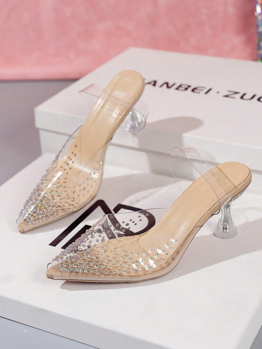 Women's High Heeled Shoes With Full Rhinestone Decor, 2023 New Arrival, Crystal Decor Transparent Heels, Perfect For Vacation Season