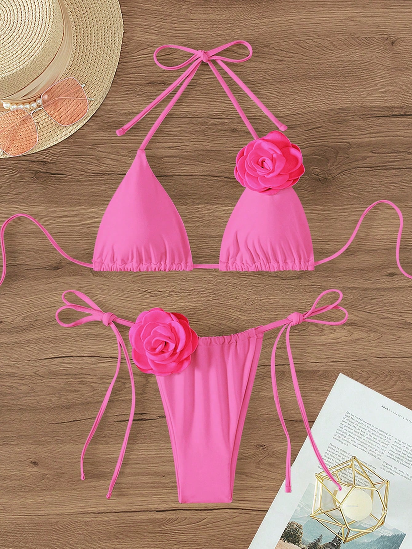 Swim Summer Beach Appliques Halter Triangle Tie Side Bikini Set