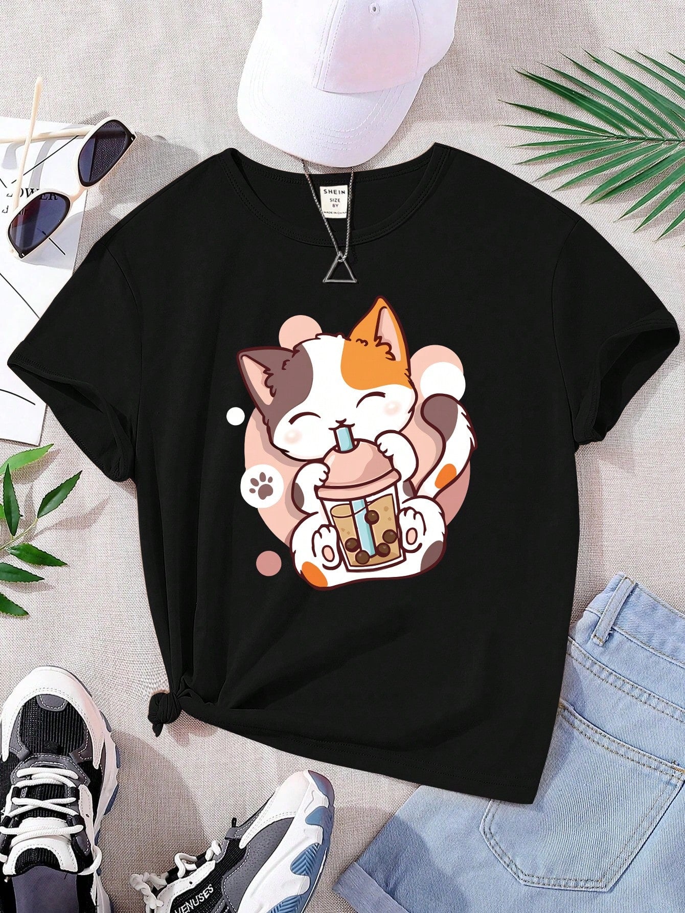 Tween Girl Funny Boba Milk Tea & Cat Pattern Round Neck Short Sleeve T-Shirt