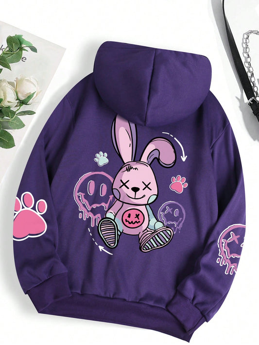 Plus Cartoon Graphic Kangaroo Pocket Drawstring Thermal Hoodie