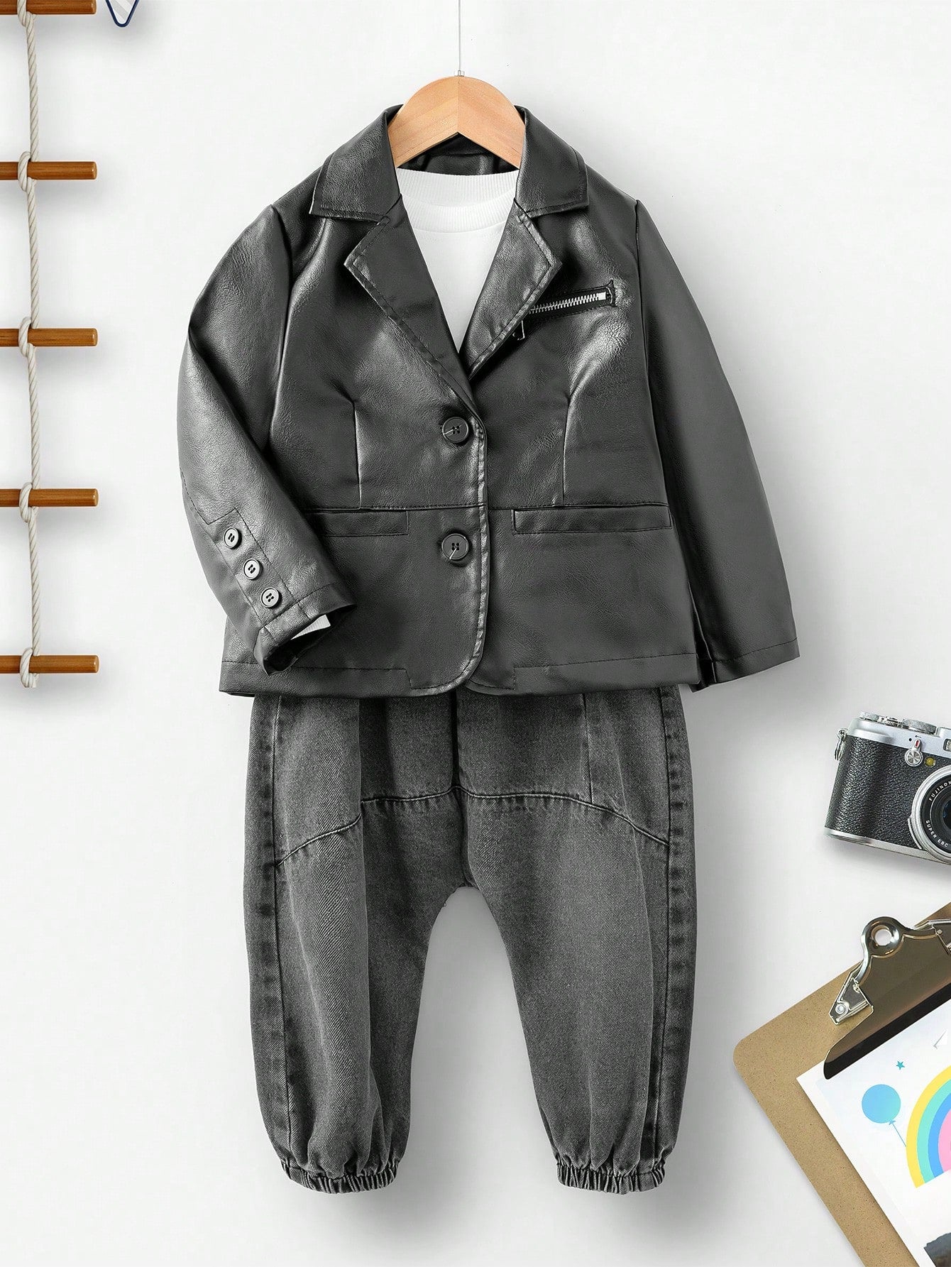 Young Boy 1pc Lapel Neck PU Leather Jacket Without Pants