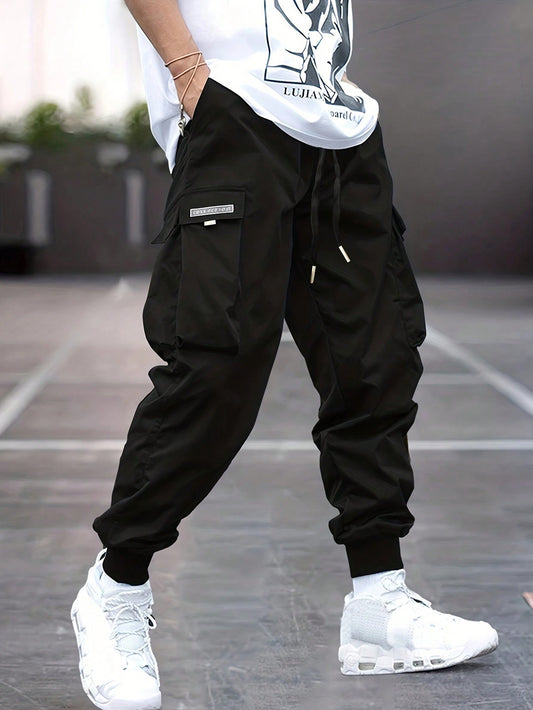 Men Letter Graphic Flap Pocket Drawstring Waist Cargo Pants