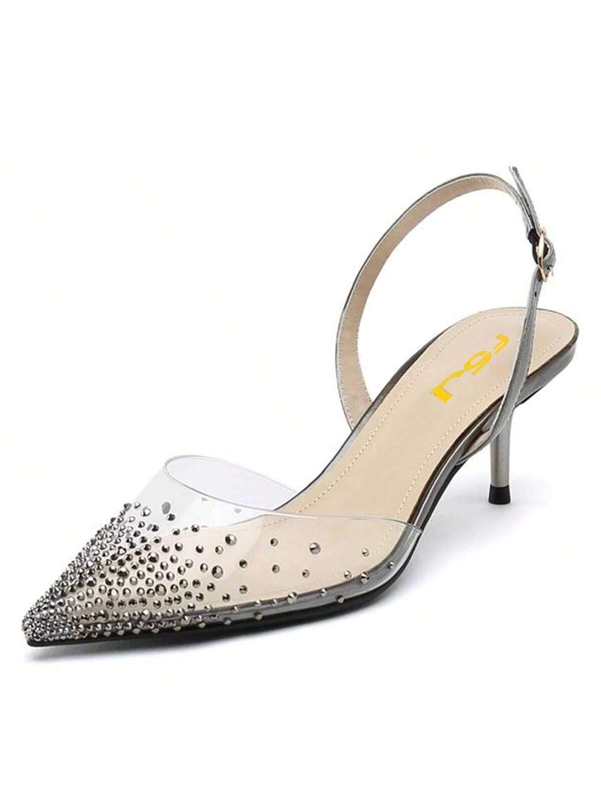 Women Crystal Studded Clear Pumps Sparkle Rhinestones Mid Low Heel Sandals Slingback D'orsay Pointed Toe Wedding Shoes