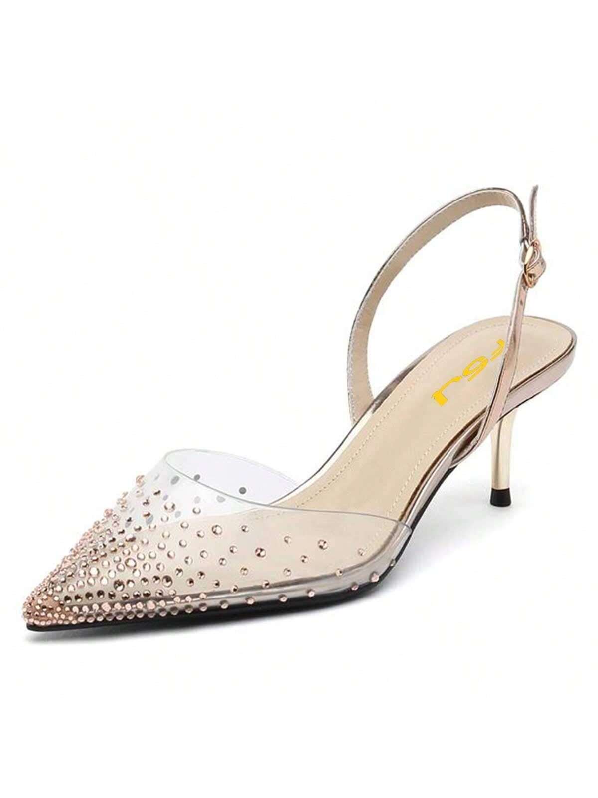 Women Crystal Studded Clear Pumps Sparkle Rhinestones Mid Low Heel Sandals Slingback D'orsay Pointed Toe Wedding Shoes