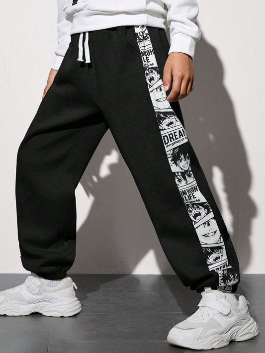 Tween Boy Letter Graphic Contrast Side Seam Drawstring Waist Sweatpants