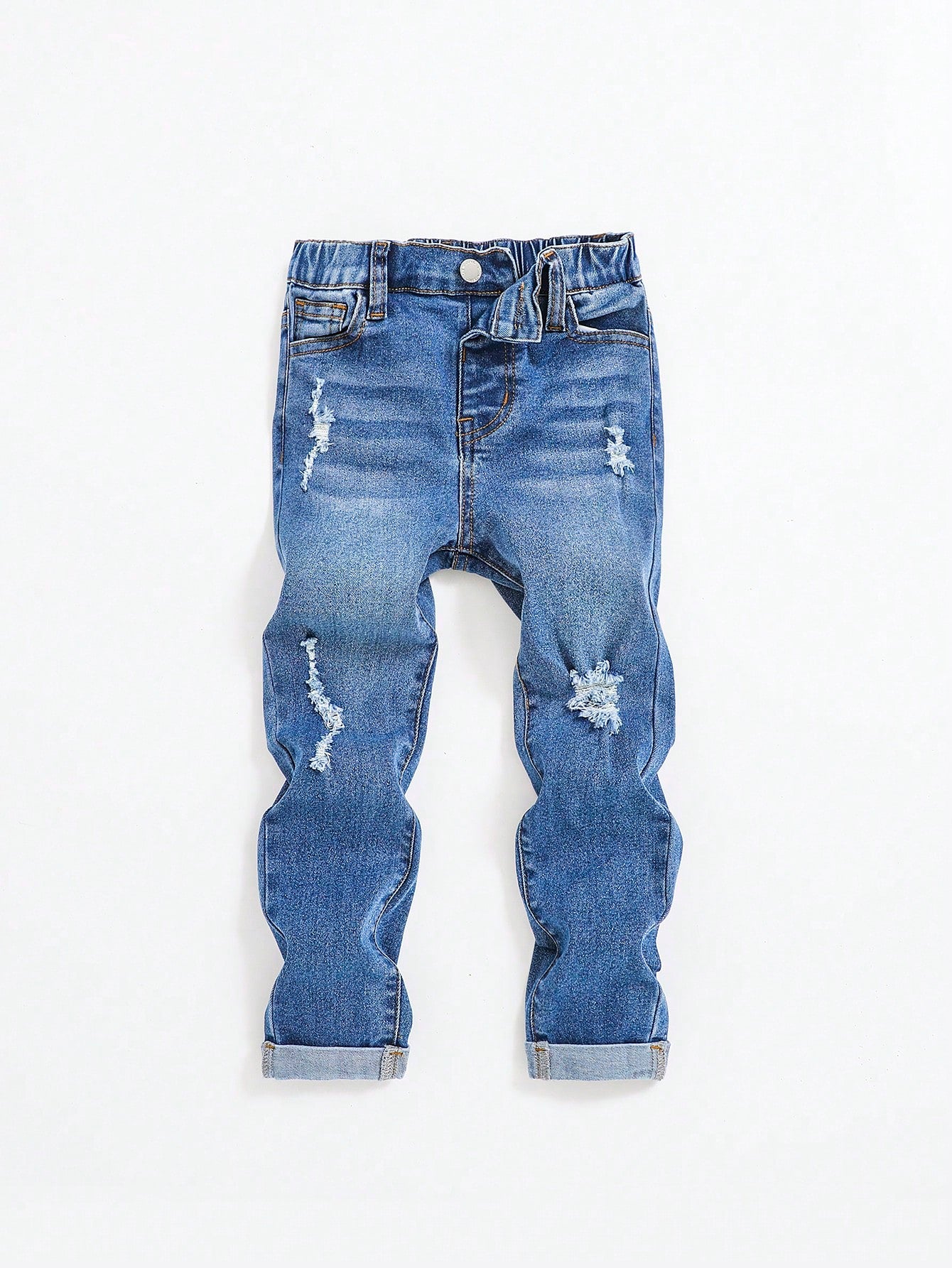 Young Boy Elastic Waist Distressed Straight Leg Jeans With Pockets