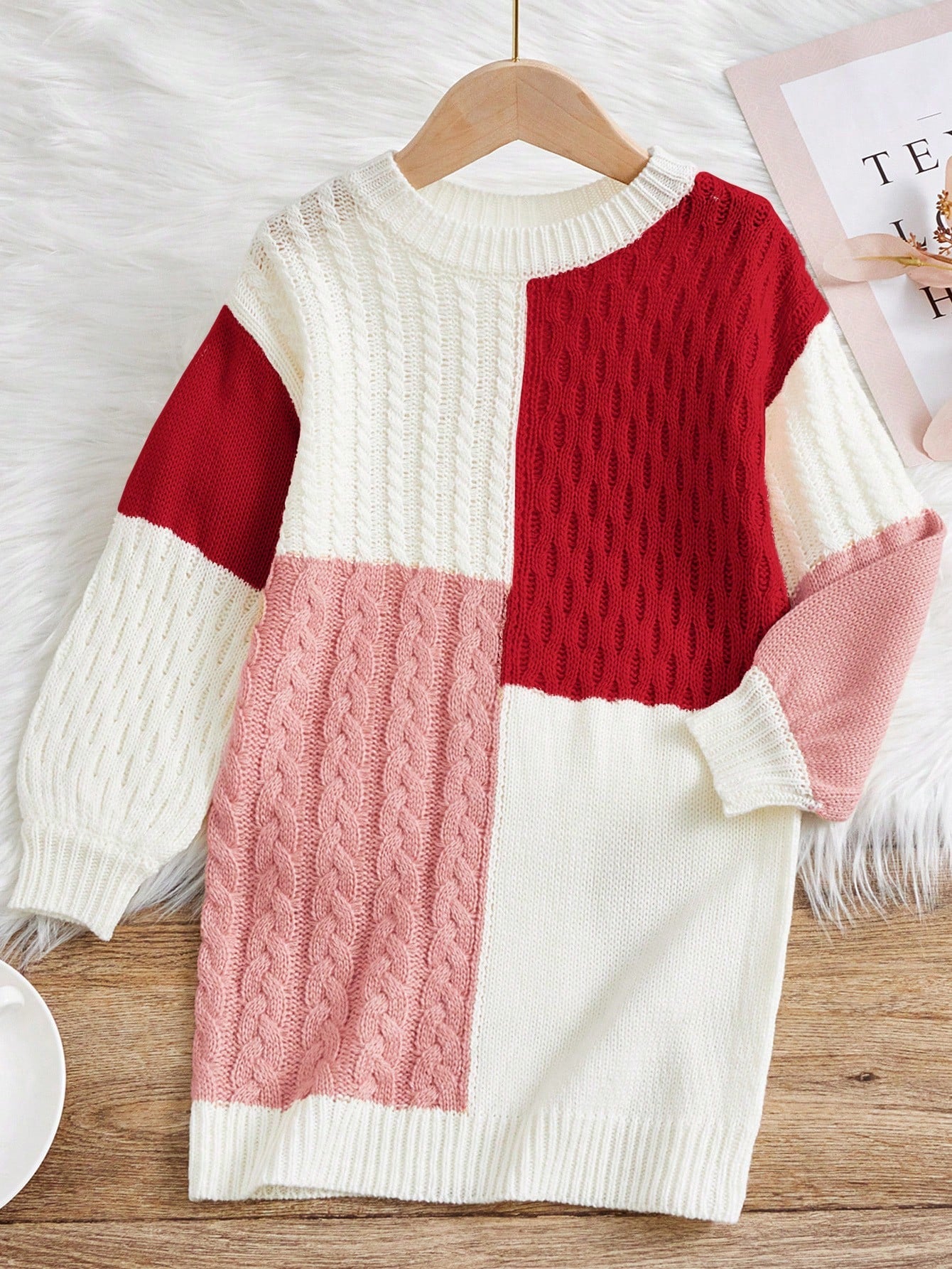 Tween Girls' Colorblock Loose Fit Long Sleeve Sweater Dress With Round Neck