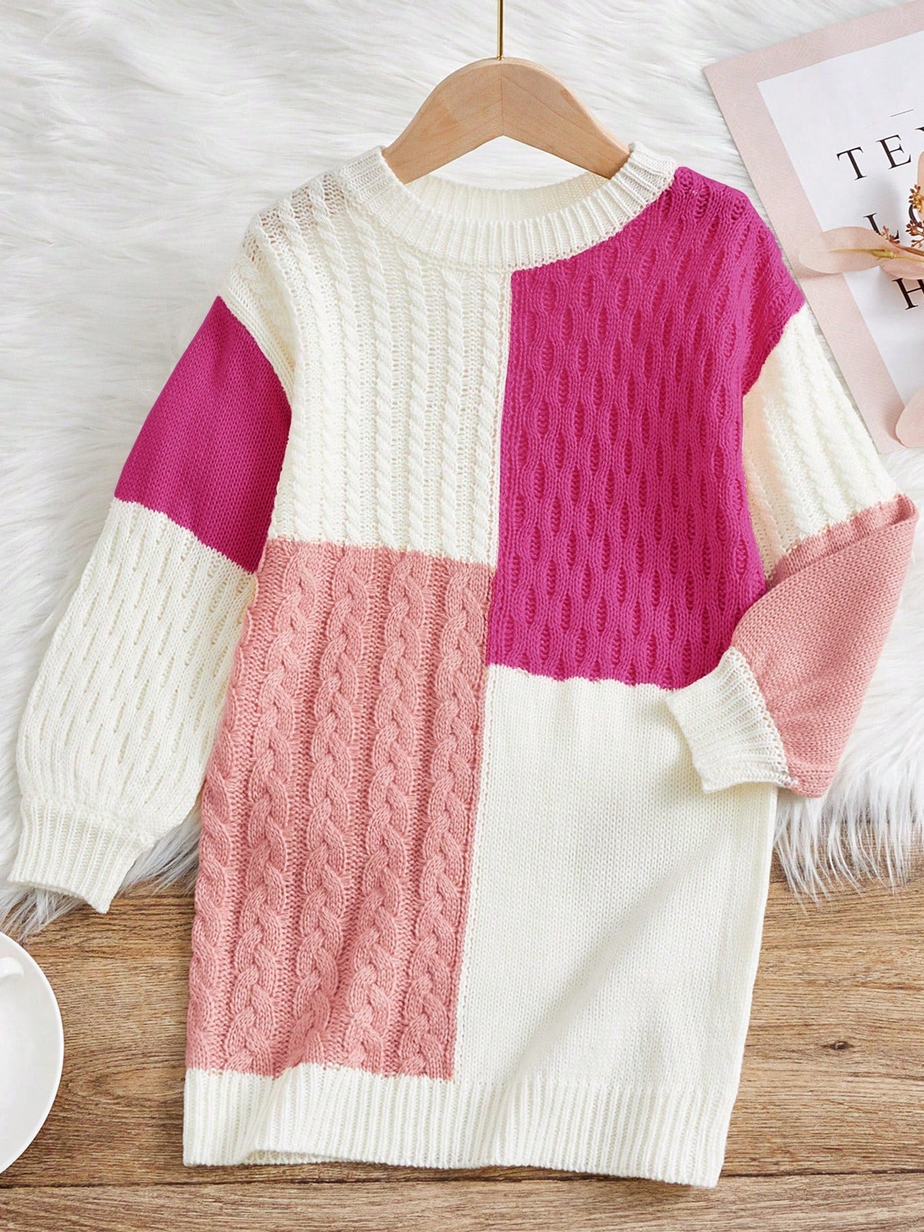 Tween Girls' Colorblock Loose Fit Long Sleeve Sweater Dress With Round Neck