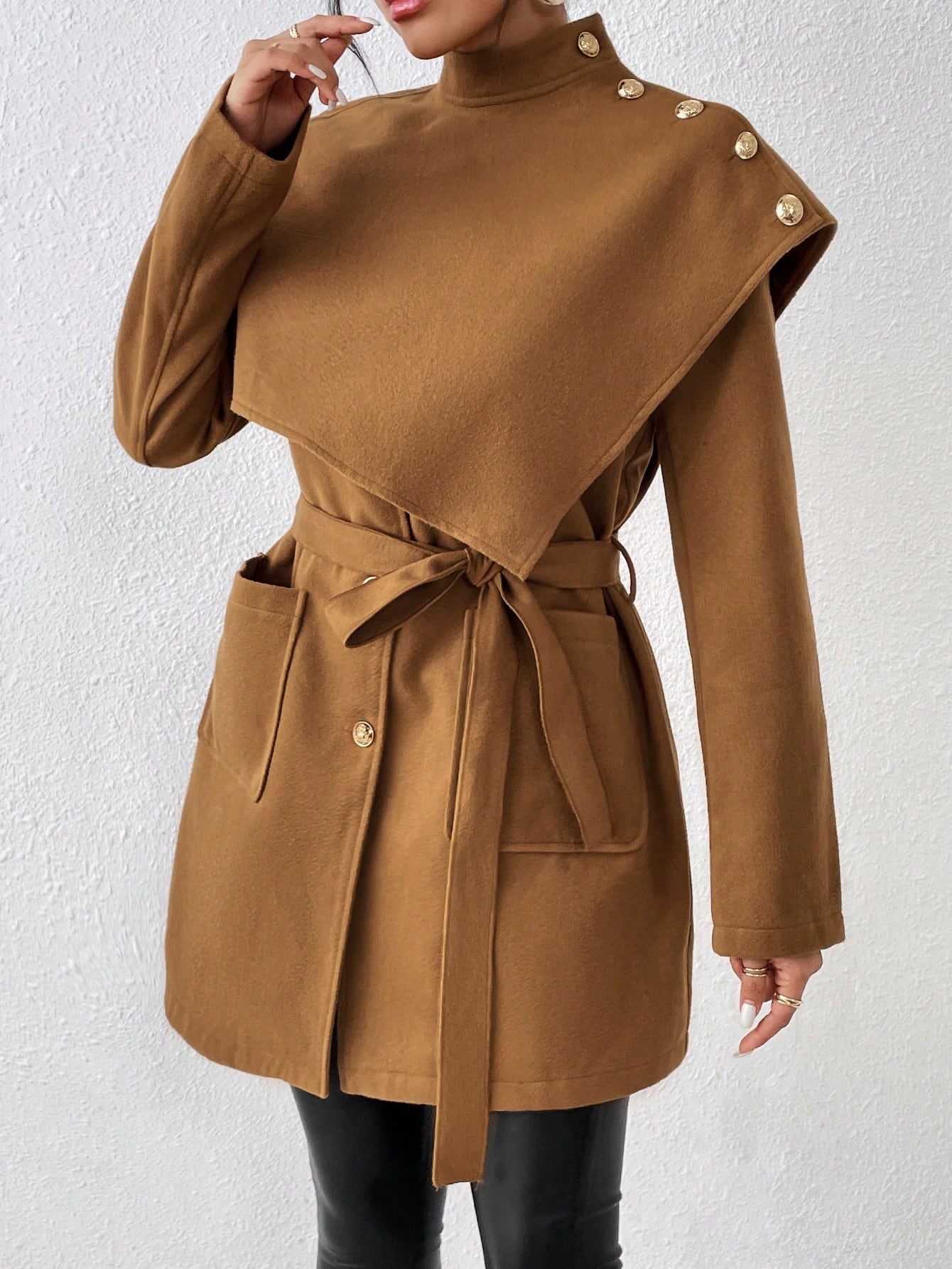 Ladies' Solid Color Woolen Coat With Button Details And Belted Waist