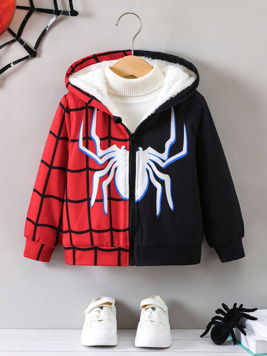 Young Boy Colorblock Spider Printed Hooded Jacket With Plush Lining, Autumn/Spring/Winter, Comfortable And Versatile, Suitable For 4-7 Year Old Boys For Outdoor, School Or Home Wear