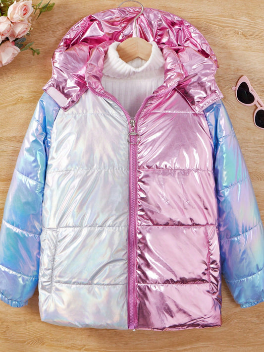 Tween Girl Colorblock Zip Up Hooded Puffer Coat Without Sweater