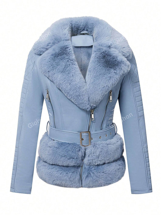 Women's Retro Faux Leather Jacket With Elegant Faux Fur Collar And Belt, Warm Winter Motorcycle Coat