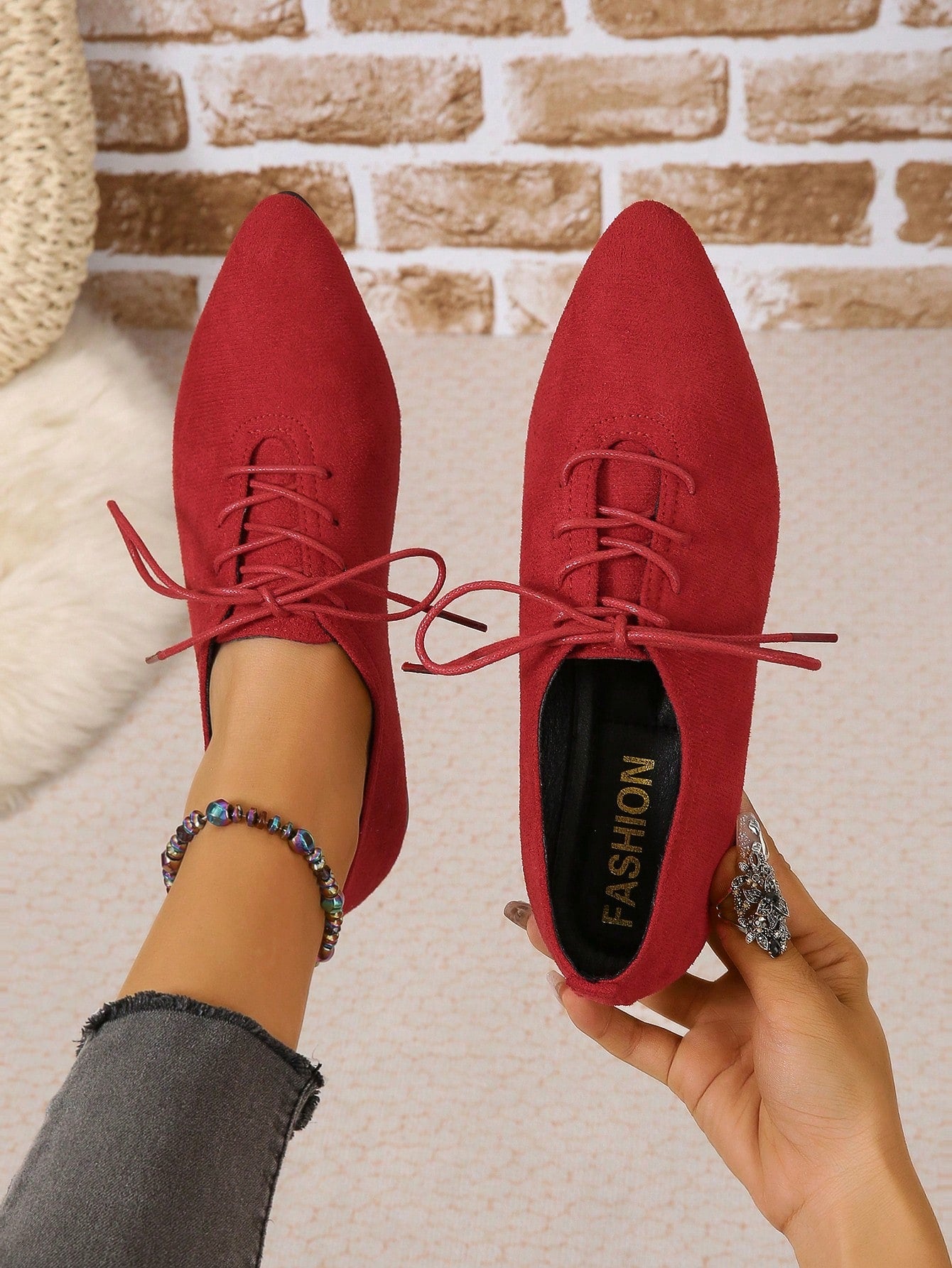 Women's Fashionable Red Pointed Toe Plus Size Ballet Flats With Lace-up Strap