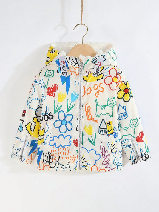 Young Girl Graffiti Print Zip Up Hooded Coat