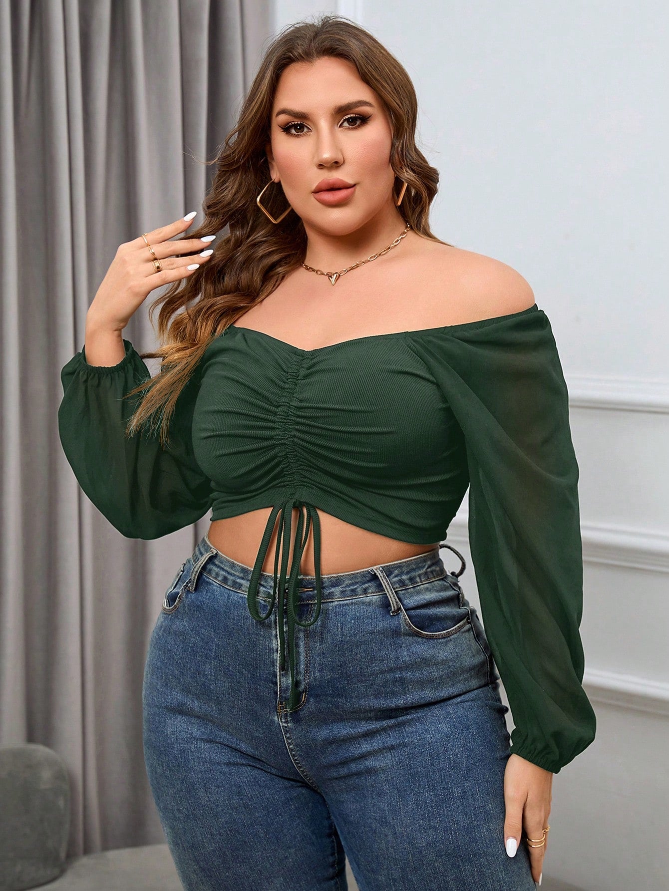 Plus Off Shoulder Drawstring Front Lantern Sleeve Crop Top