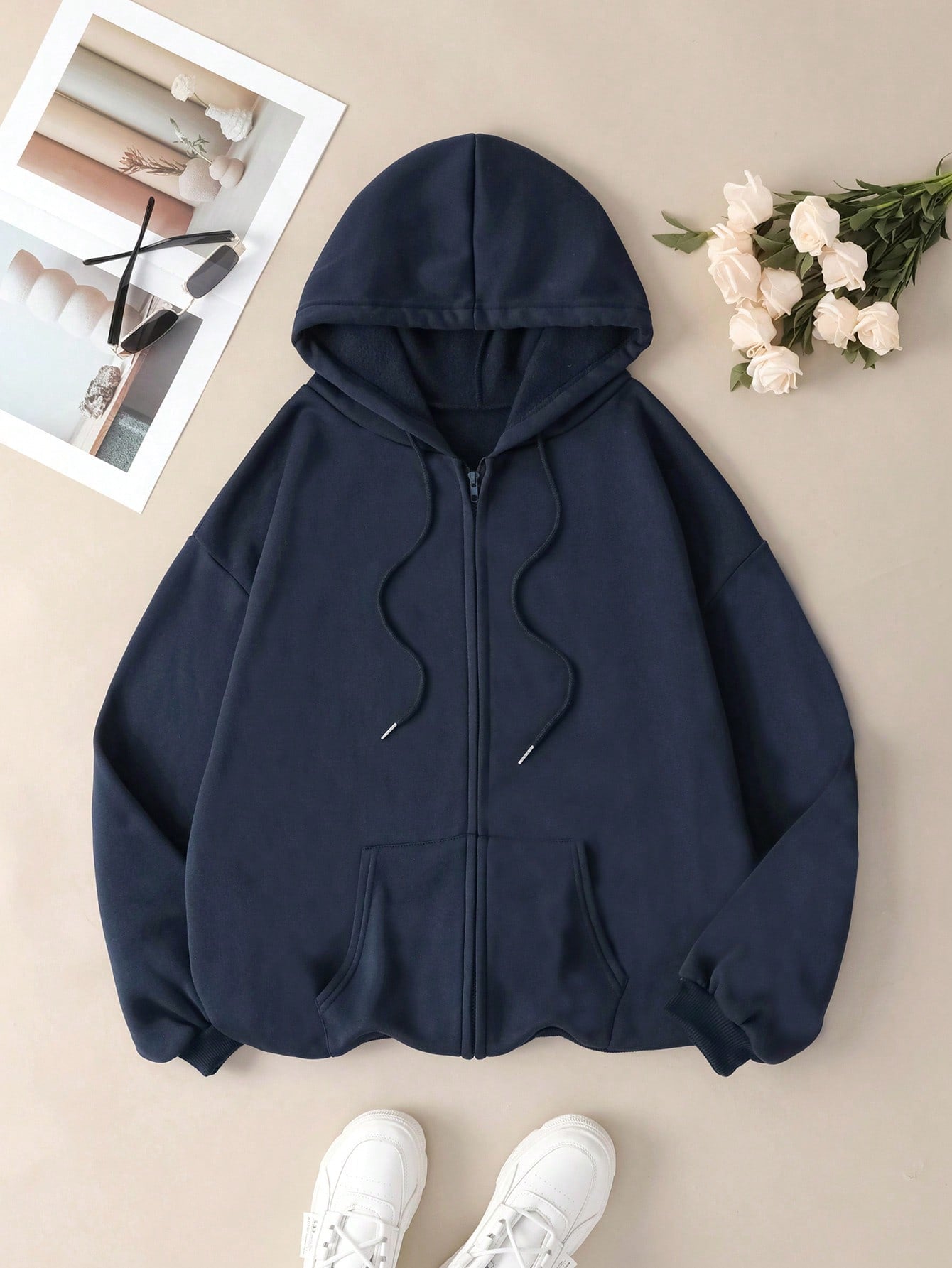 Solid Drawstring Pocket Zip Up Thermal Lined Hoodie