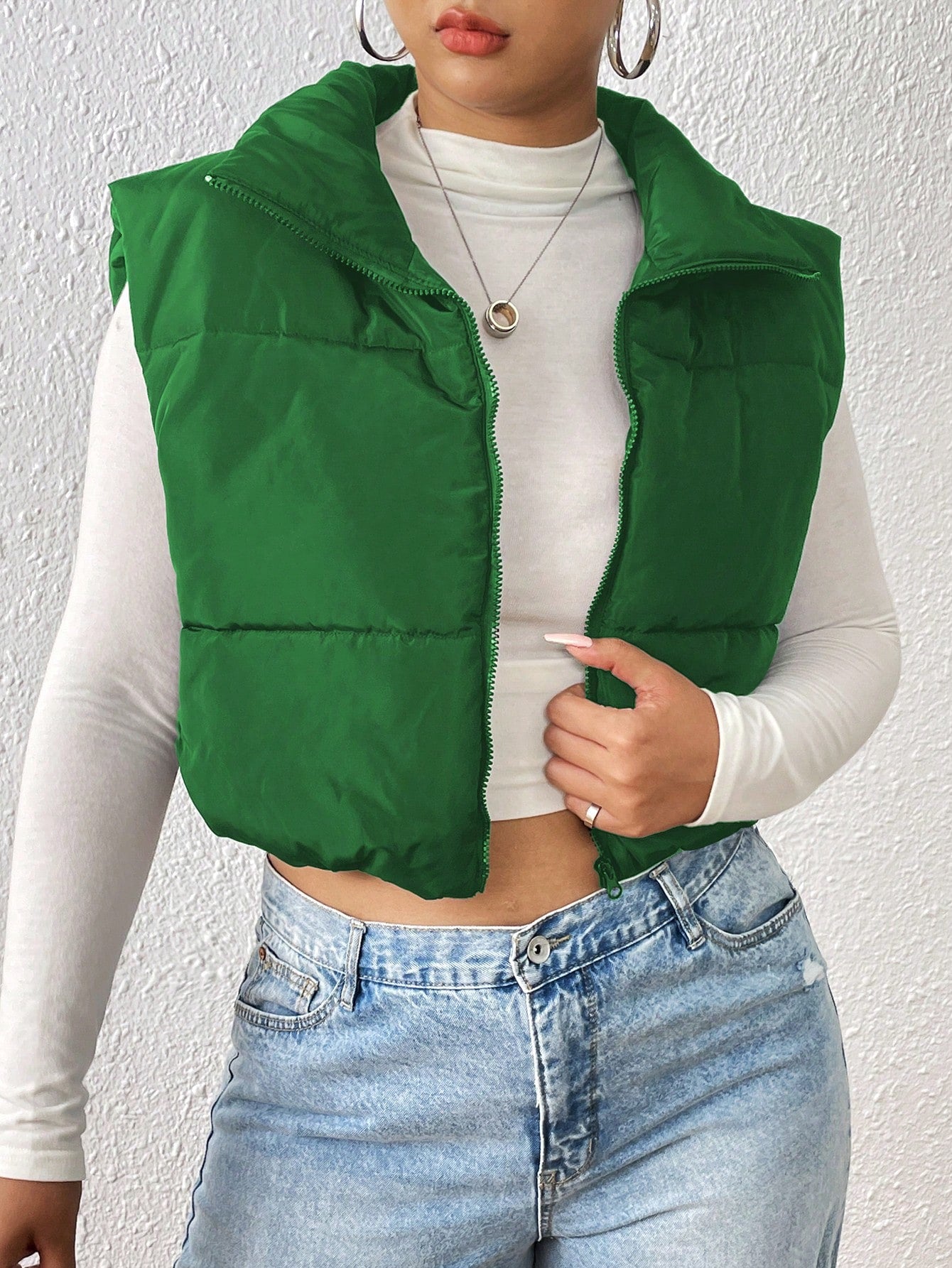 Plus Zip Up Crop Puffer Vest Coat