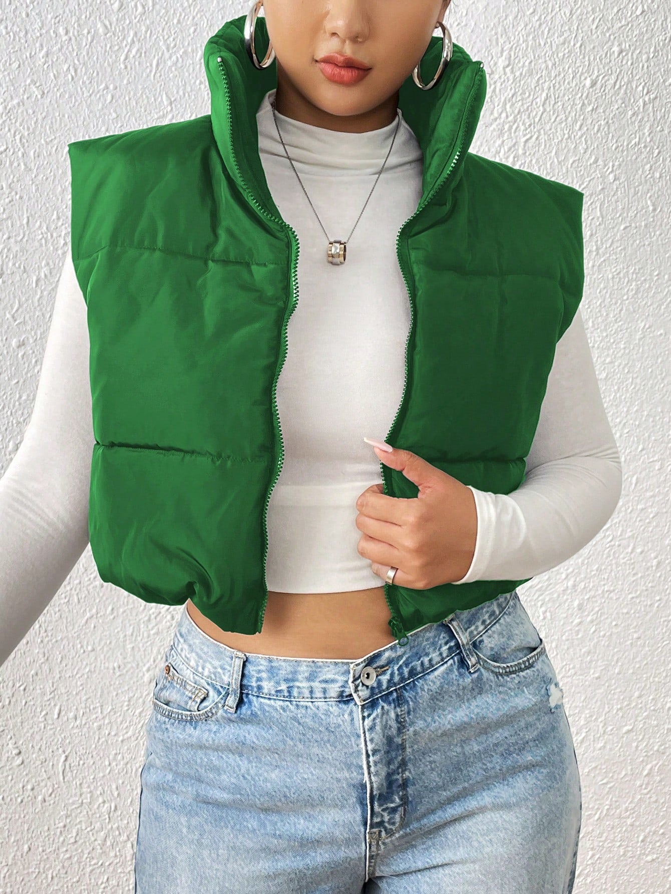 Plus Zip Up Crop Puffer Vest Coat