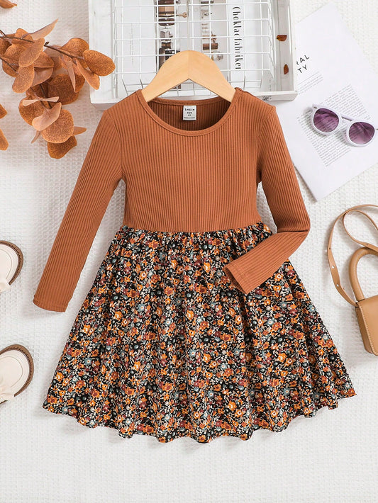 Young Girl Knitted Round Neck Patchwork Woven Floral Dress