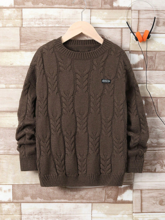 Tween Boy Letter Patched Cable Knit Sweater