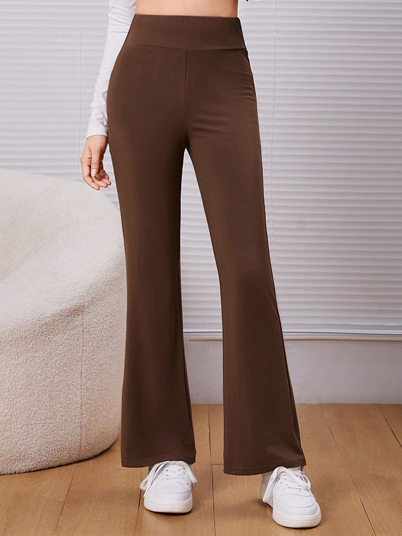 Teenage Girls' Solid Color Long High Waisted Bell Bottom Pants