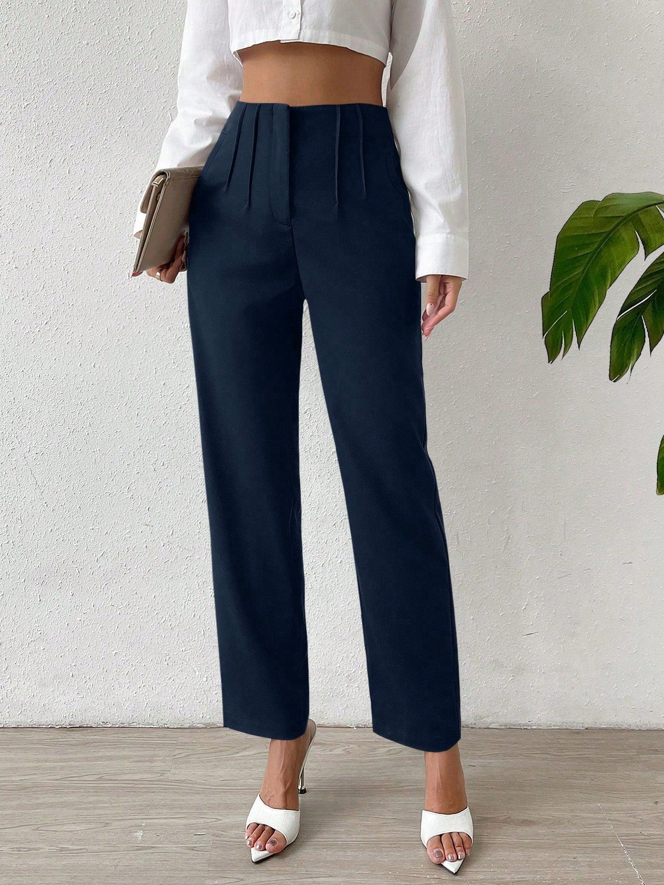 Solid Fold Pleated Straight Leg Pants