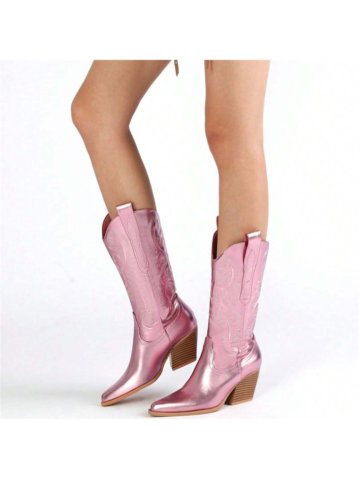 Fashion Cowgirl Boots Women Cowboy Boot Chunky Block Heeled Tall Pointed Toe Shoes Pull On Mid-Calf Western Boots For Party Cosplay