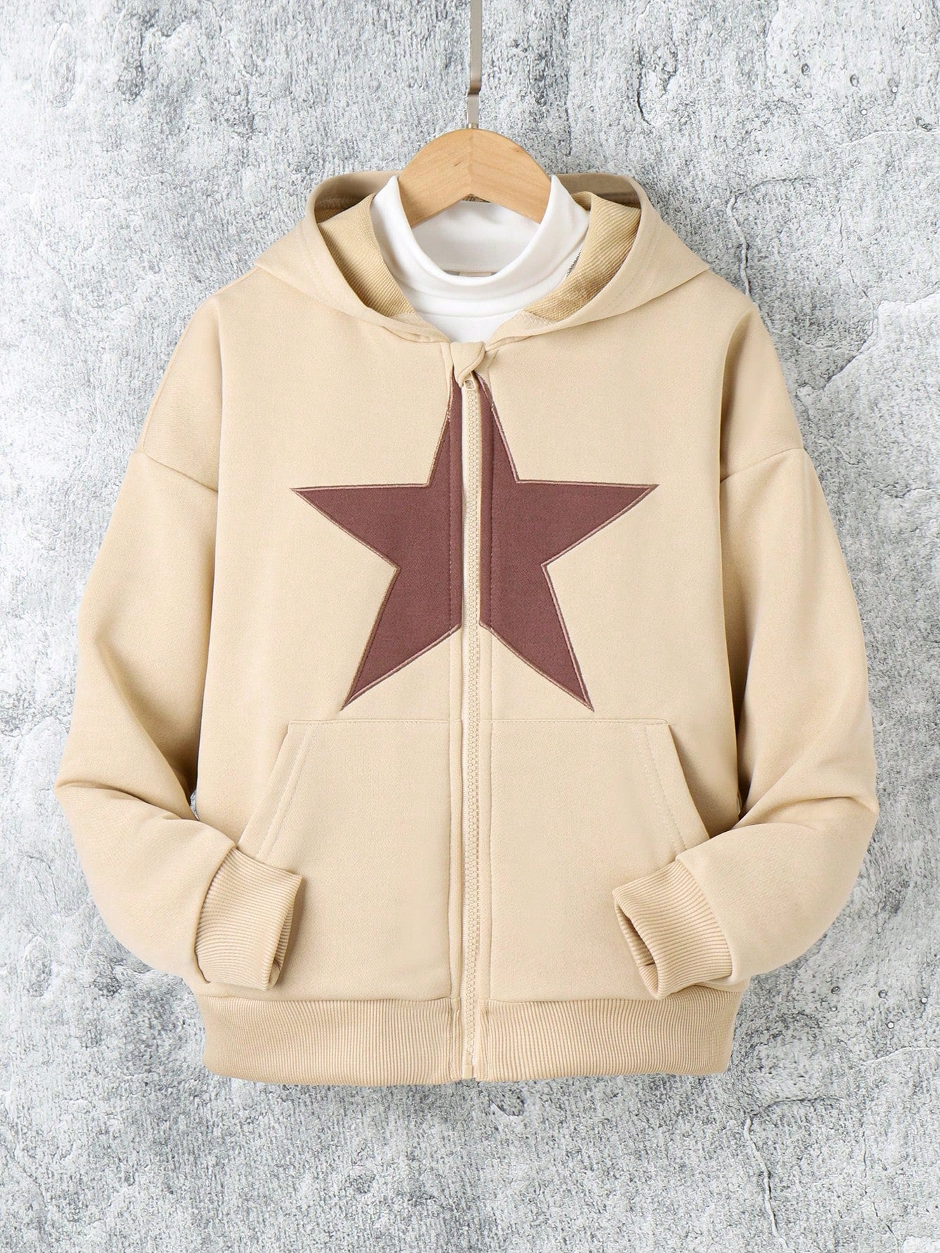 Teen Girl Star Print Zip Up Drop Shoulder Hoodie