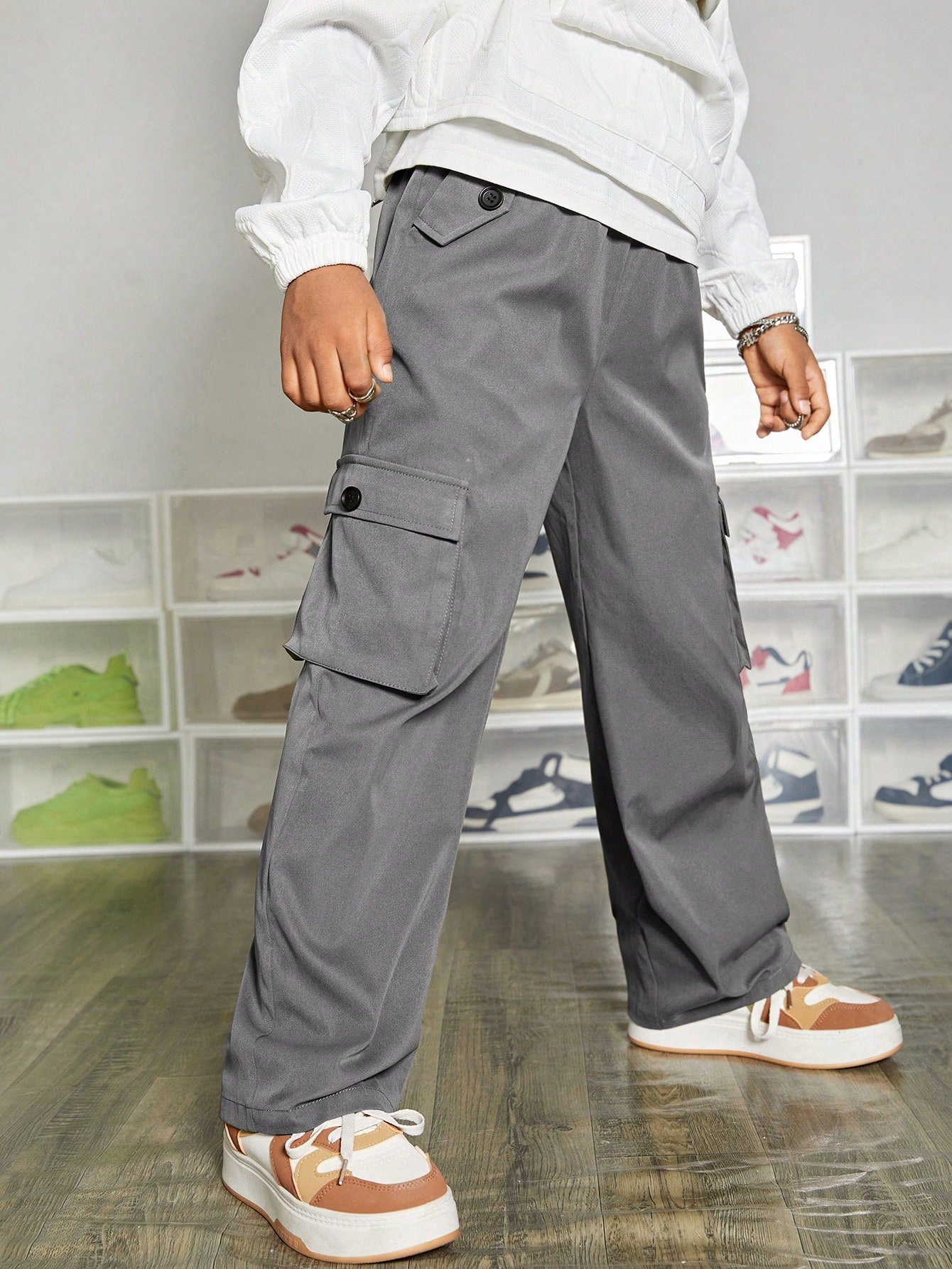 Tween Boy Baggy Straight Utility Pants With Slanted Pockets, Flap & Foldover Pocket Design